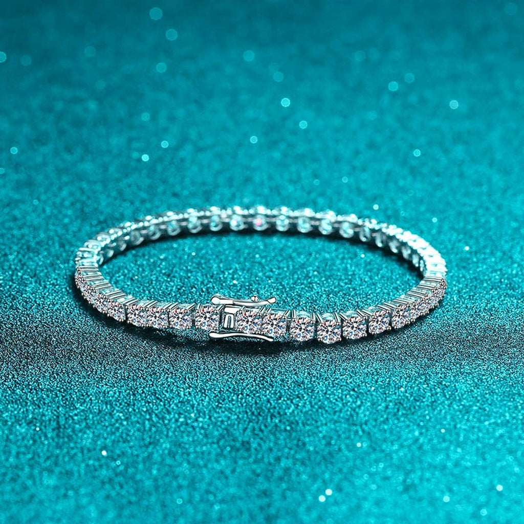 Tennis Moissanite Bracelet in Rhodium-Plated S925 sterling silver styled product scene showing stone sparkle and chain detail