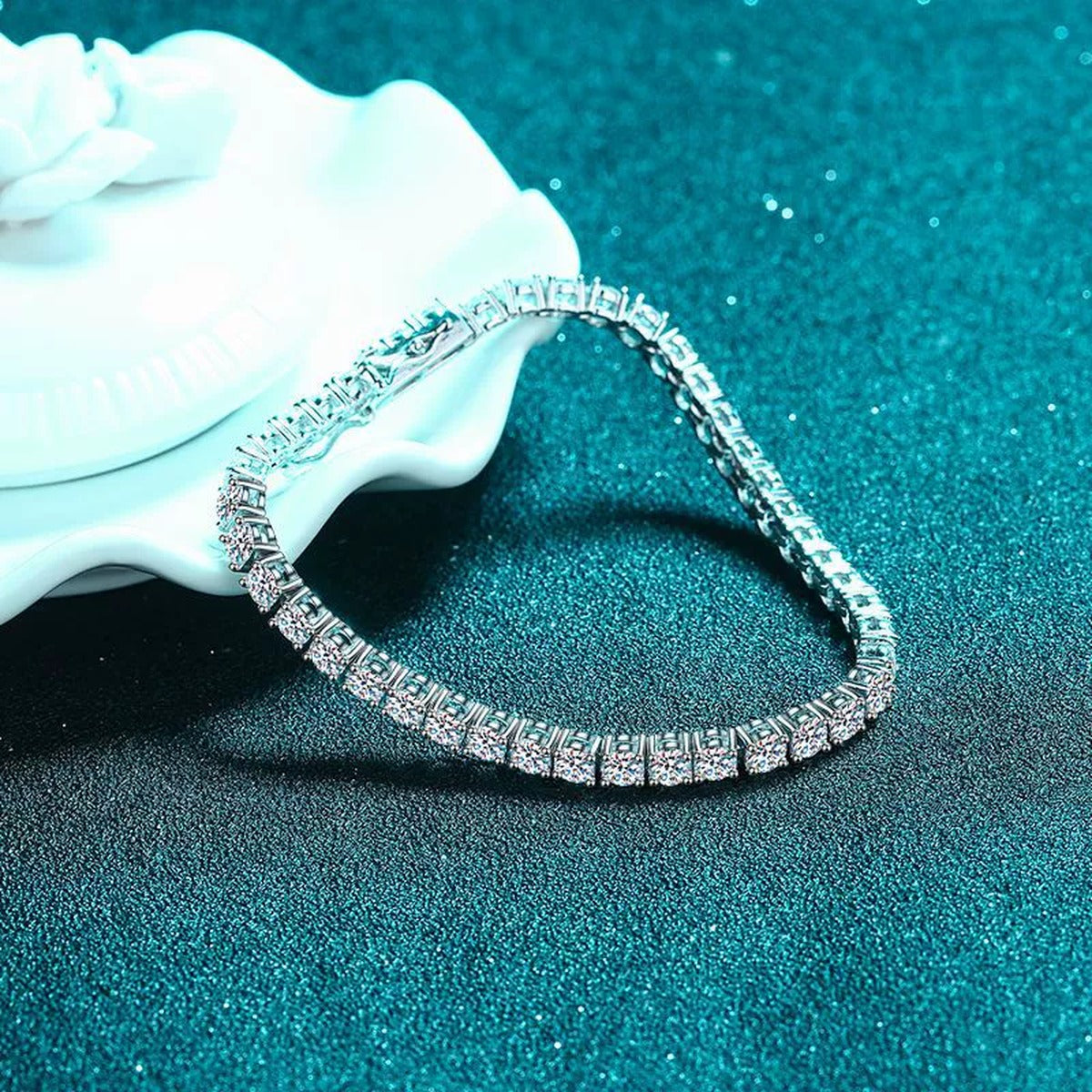 Tennis Moissanite Bracelet in Rhodium-Plated S925 sterling silver angled product display showing bracelet silhouette