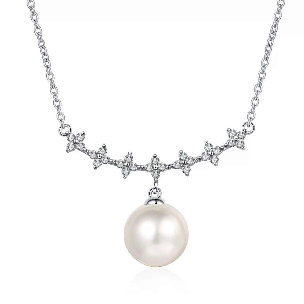 Clover Moissanite Pearl Pendant Necklace in Rhodium-Plated S925 sterling silver white background product photo showing clover-inspired moissanite pendant offered with or without a near round pearl