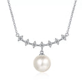 Clover Moissanite Pearl Pendant Necklace in Rhodium-Plated S925 sterling silver white background product photo showing clover-inspired moissanite pendant offered with or without a near round pearl