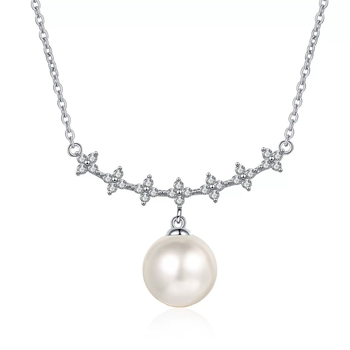 Clover Moissanite Pearl Pendant Necklace in Rhodium-Plated S925 sterling silver white background product photo showing clover-inspired moissanite pendant offered with or without a near round pearl