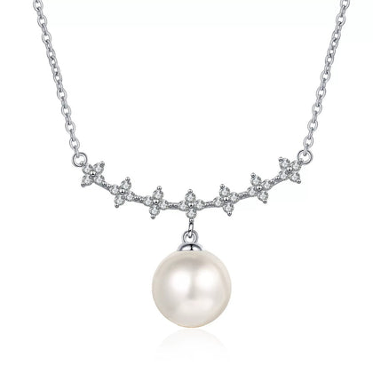 Clover Moissanite Pearl Pendant Necklace in Rhodium-Plated S925 sterling silver white background product photo showing clover-inspired moissanite pendant offered with or without a near round pearl