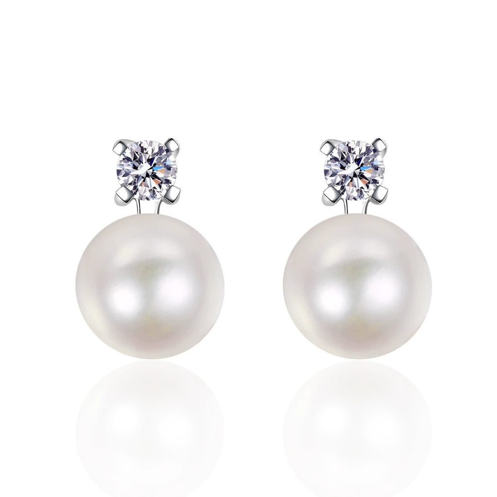 Square Cluster Moissanite Pearl Stud Drop Earrings in Rhodium-Plated S925 sterling silver on white background showing the full pair, pearl and moissanite detail, and stud earrings silhouette