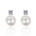 Square Cluster Moissanite Pearl Stud Drop Earrings in Rhodium-Plated S925 sterling silver on white background showing the full pair, pearl and moissanite detail, and stud earrings silhouette
