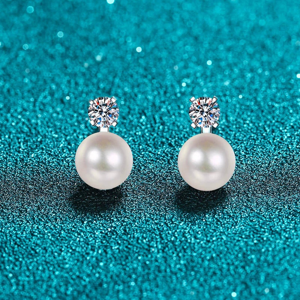 Square Cluster Moissanite Pearl Stud Drop Earrings in Rhodium-Plated S925 sterling silver product scene view showing front detail
