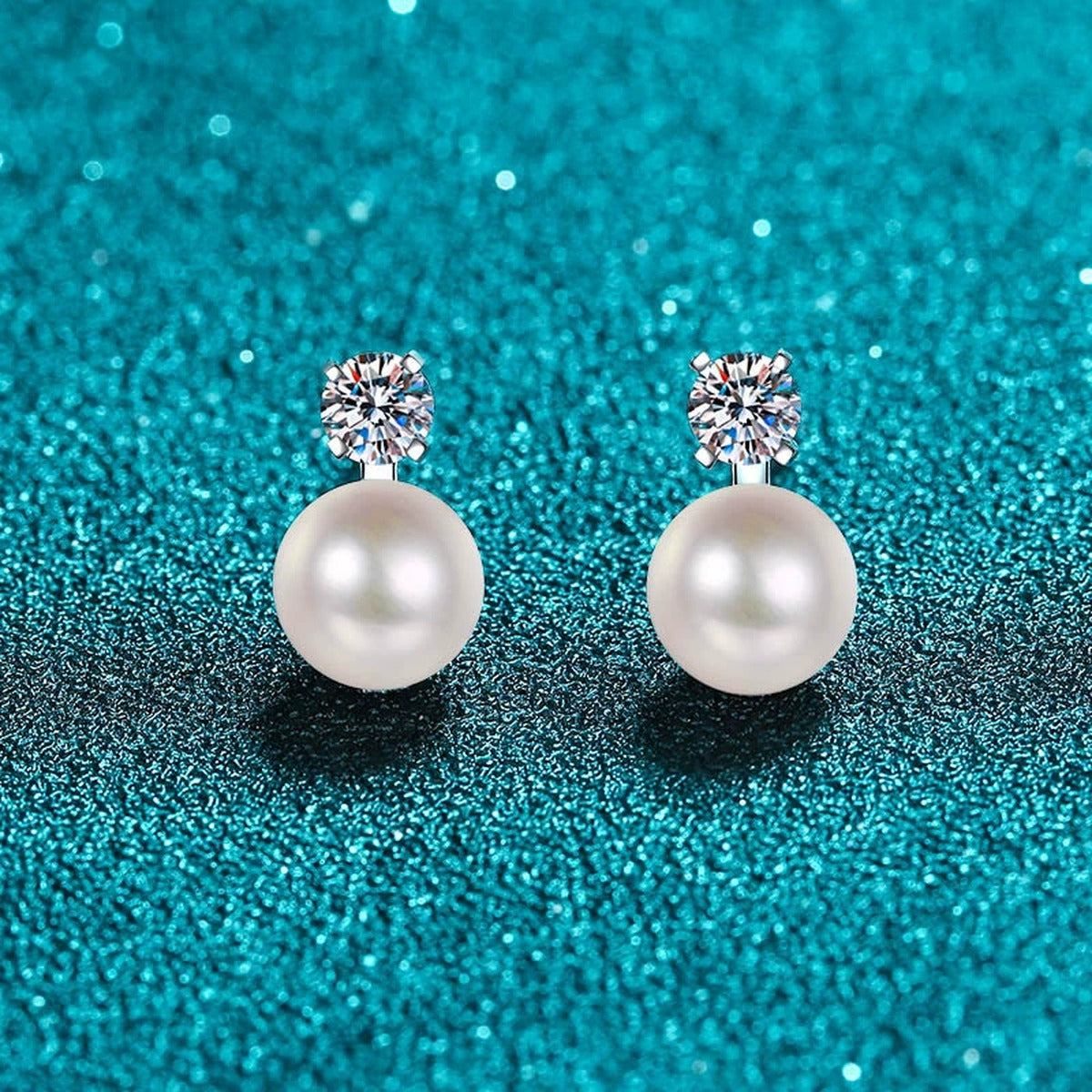 Square Cluster Moissanite Pearl Stud Drop Earrings in Rhodium-Plated S925 sterling silver product scene view showing front detail