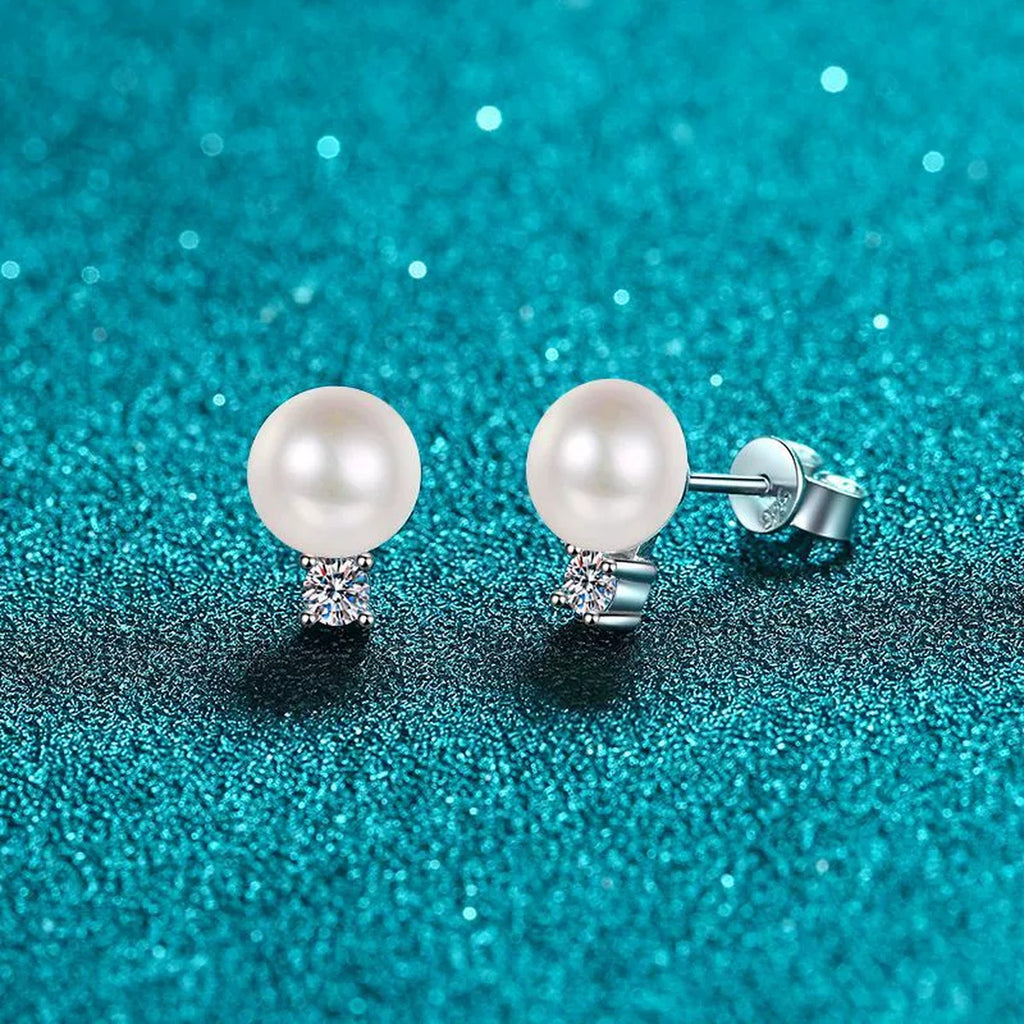Square Cluster Moissanite Pearl Stud Drop Earrings in Rhodium-Plated S925 sterling silver product scene view showing angled setting detail