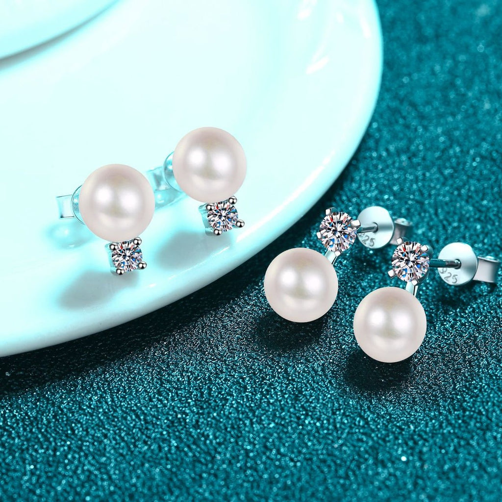 Square Cluster Moissanite Pearl Stud Drop Earrings in Rhodium-Plated S925 sterling silver product scene view showing side profile