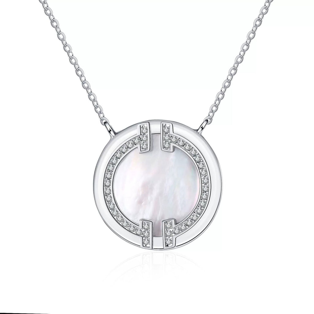 Mother-of-Pearl Disc Pendant Necklace in Rhodium-Plated S925 sterling silver on white background showing pendant shape and mother-of-pearl disc