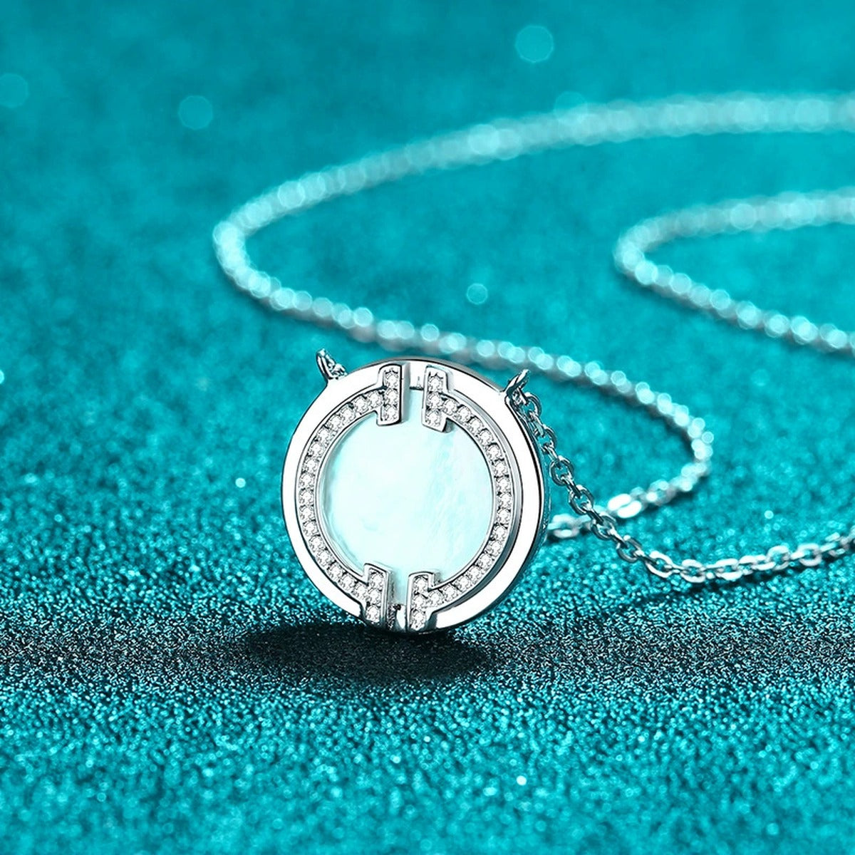 Mother-of-Pearl Disc Pendant Necklace in Rhodium-Plated S925 sterling silver product scene view showing pendant detail