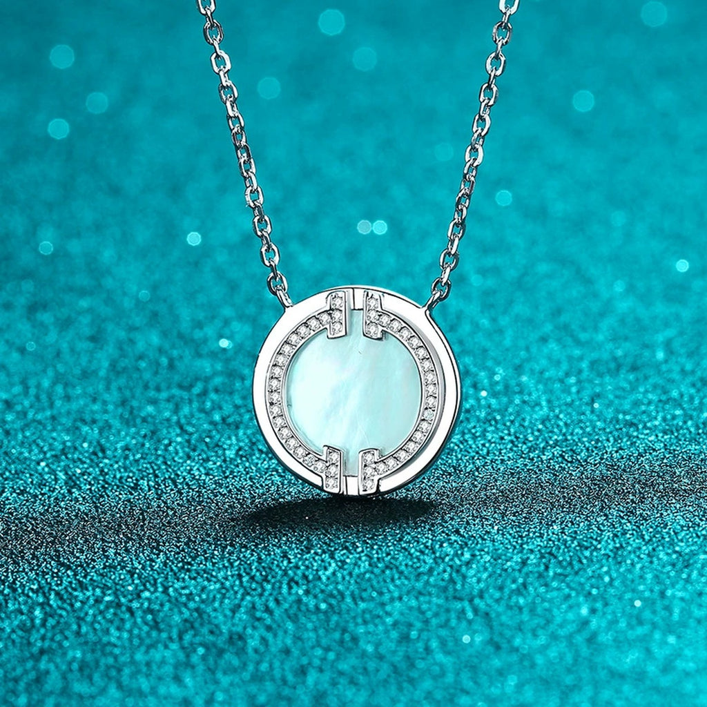 Mother-of-Pearl Disc Pendant Necklace in Rhodium-Plated S925 sterling silver product scene view showing angled sparkle