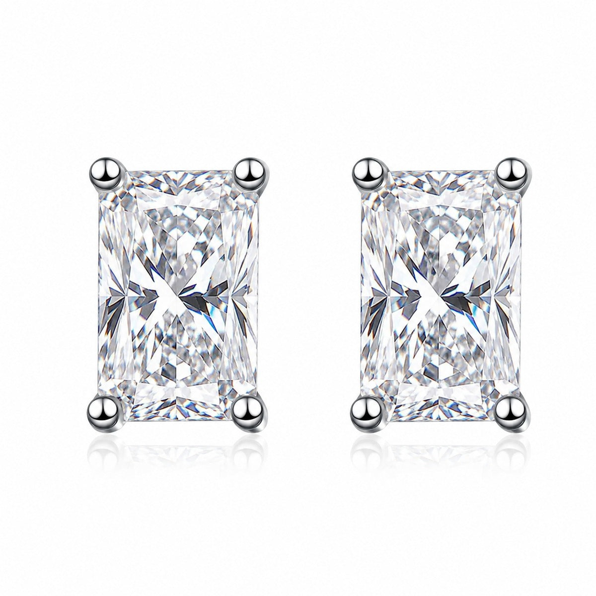 Emerald and Radiant Cut Moissanite Stud Earrings in Rhodium-Plated S925 sterling silver white background product photo showing the pair, stone shape, and stud earrings silhouette