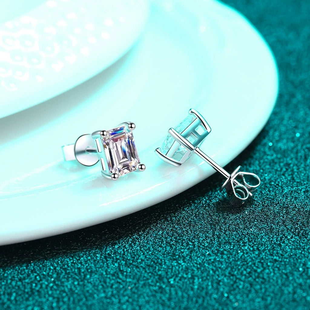 Emerald and Radiant Cut Moissanite Stud Earrings in Rhodium-Plated S925 sterling silver product scene view showing side profile