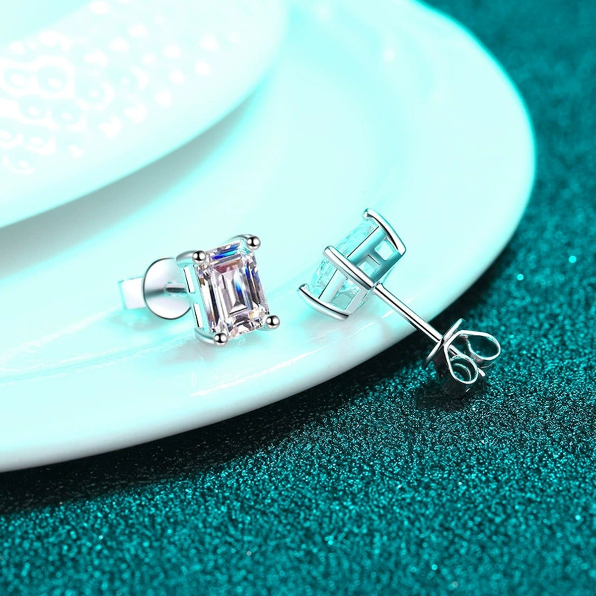 Emerald and Radiant Cut Moissanite Stud Earrings in Rhodium-Plated S925 sterling silver product scene view showing side profile