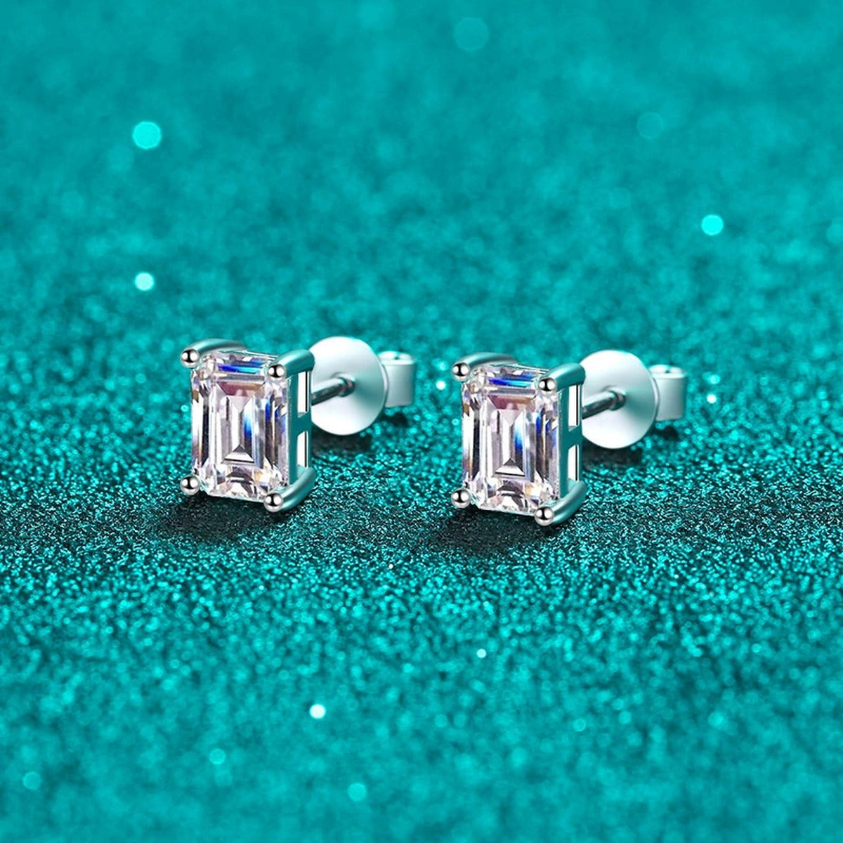 Emerald and Radiant Cut Moissanite Stud Earrings in Rhodium-Plated S925 sterling silver product scene view showing pair comparison