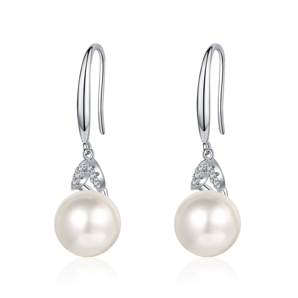 Moissanite Pearl Hook Dangle Earrings in Rhodium-Plated S925 sterling silver on white background showing the full pair, pearl and moissanite detail, and hook dangle earrings silhouette