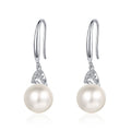 Moissanite Pearl Hook Dangle Earrings in Rhodium-Plated S925 sterling silver on white background showing the full pair, pearl and moissanite detail, and hook dangle earrings silhouette