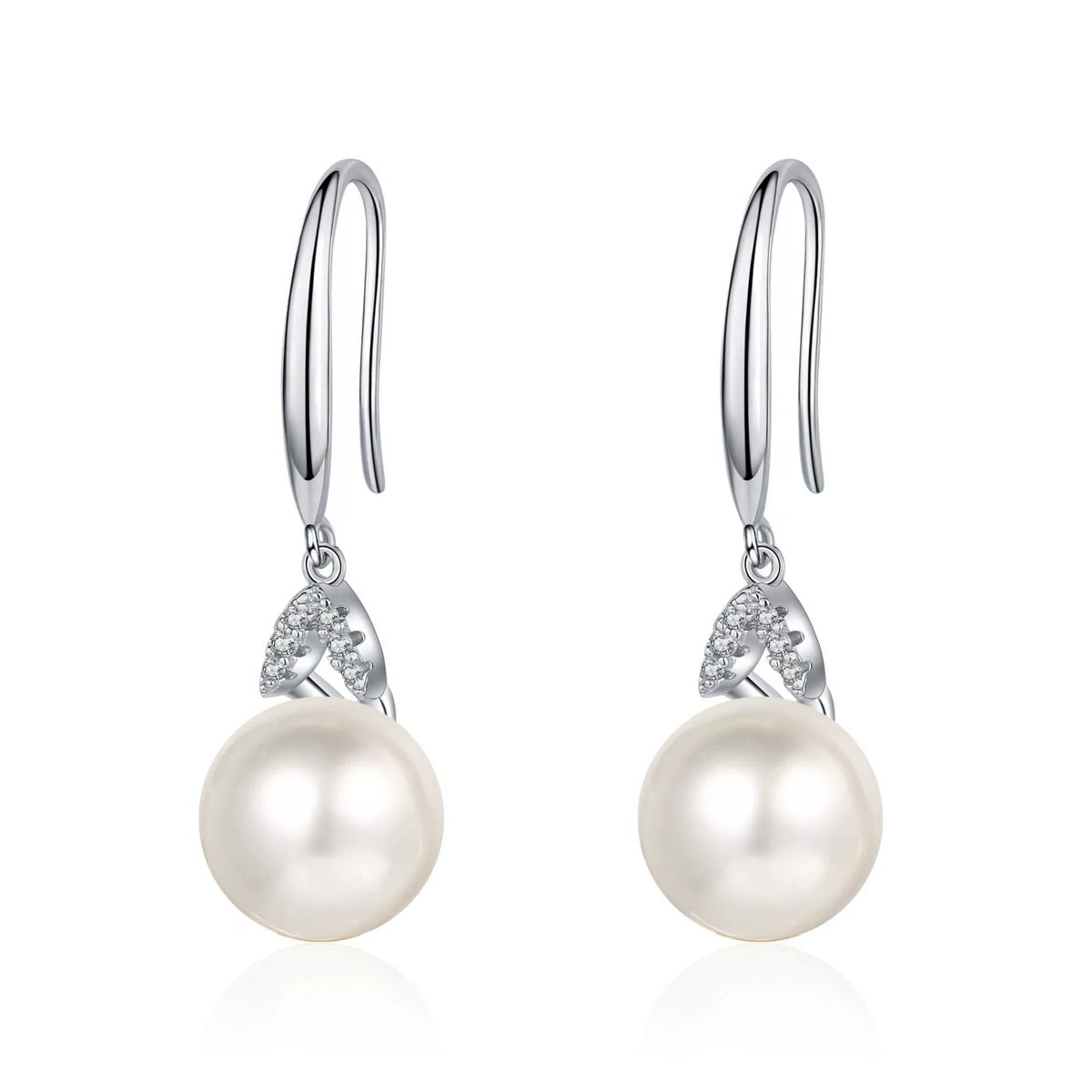 Moissanite Pearl Hook Dangle Earrings in Rhodium-Plated S925 sterling silver on white background showing the full pair, pearl and moissanite detail, and hook dangle earrings silhouette