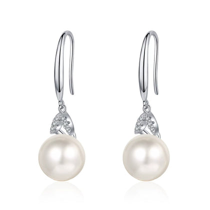 Moissanite Pearl Hook Dangle Earrings in Rhodium-Plated S925 sterling silver on white background showing the full pair, pearl and moissanite detail, and hook dangle earrings silhouette