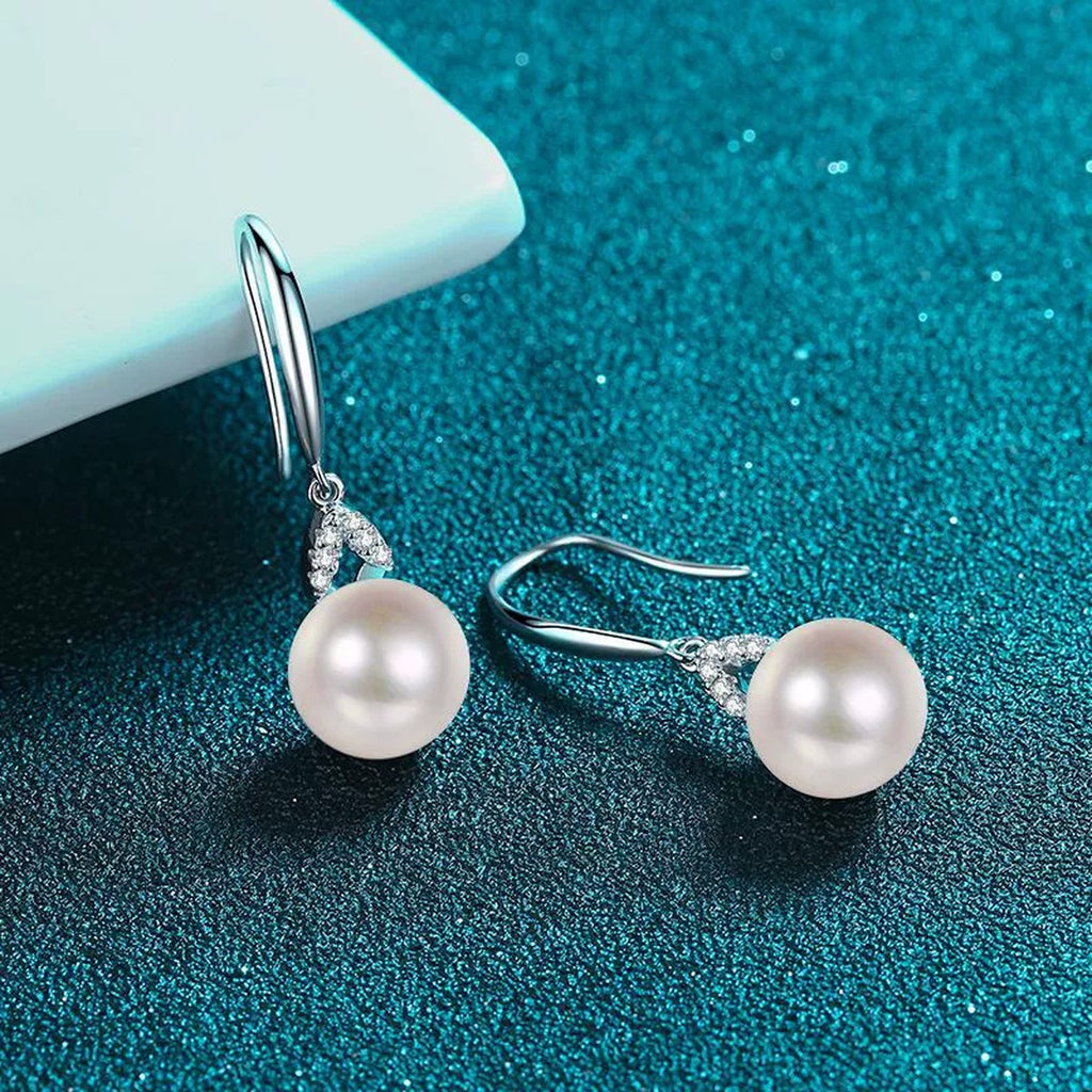 Moissanite Pearl Hook Dangle Earrings in Rhodium-Plated S925 sterling silver product scene view showing front detail