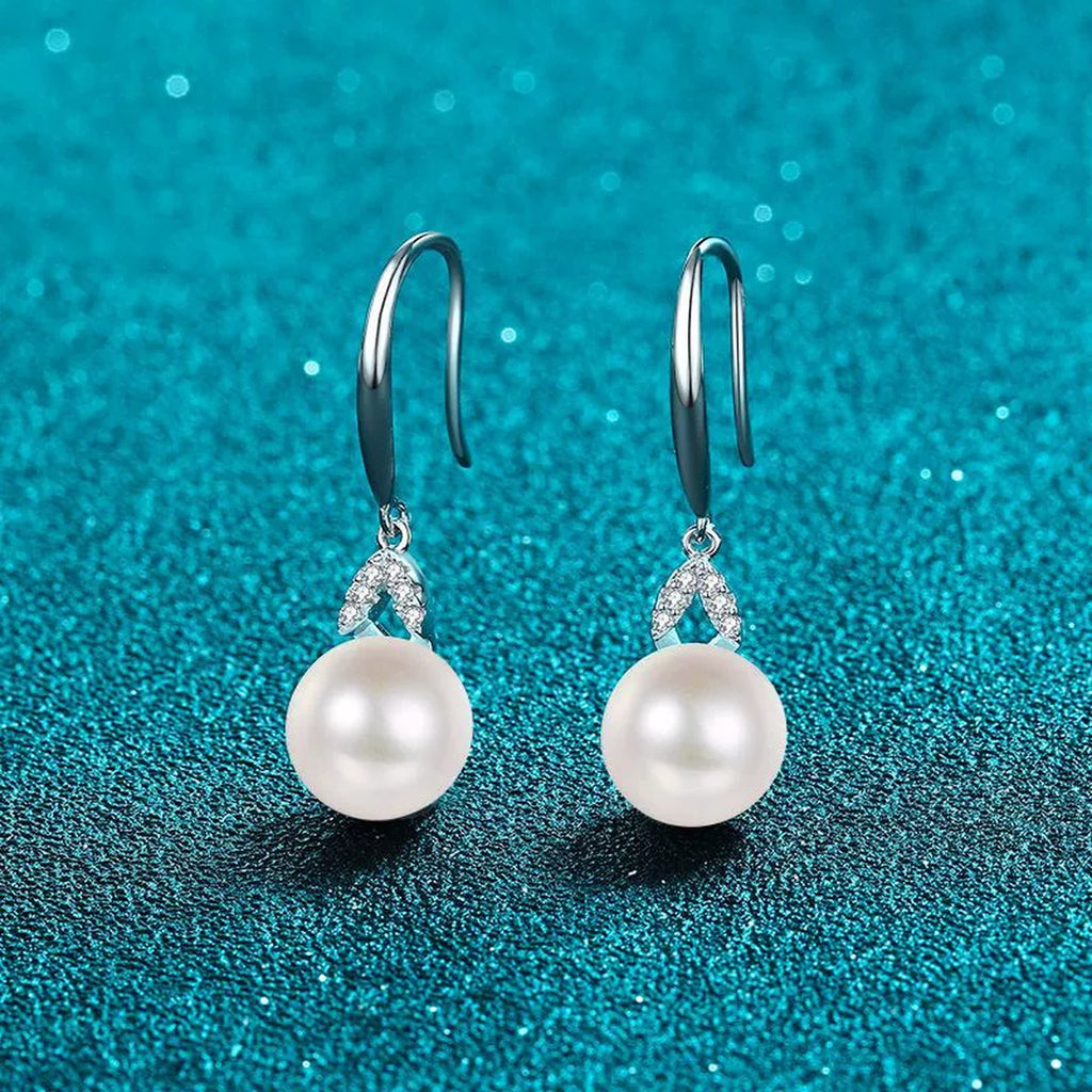 Moissanite Pearl Hook Dangle Earrings in Rhodium-Plated S925 sterling silver product scene view showing side profile