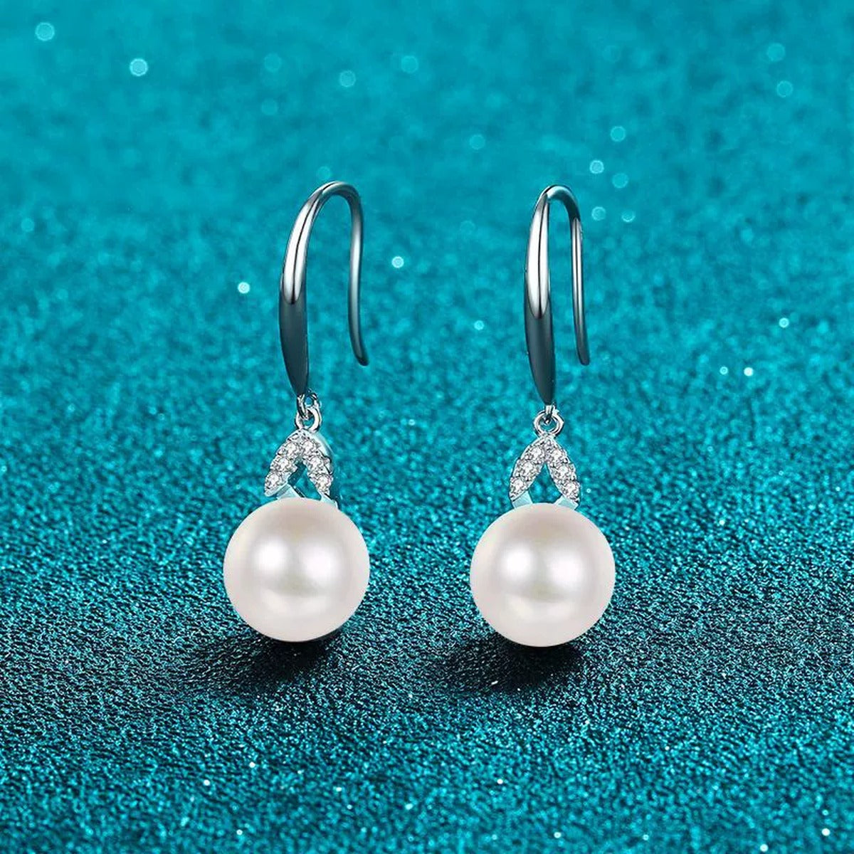 Moissanite Pearl Hook Dangle Earrings in Rhodium-Plated S925 sterling silver product scene view showing side profile