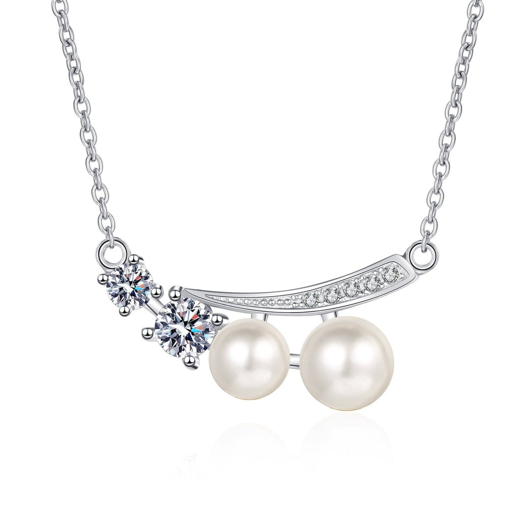 Bow Moissanite Pearl Pendant Necklace with CZ in Rhodium-Plated S925 sterling silver white background product photo showing bow-inspired pearl pendant with round moissanite and CZ detail