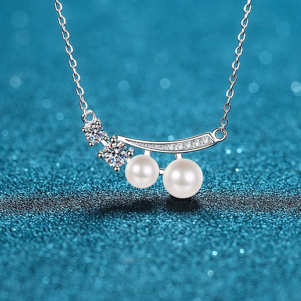 Bow Moissanite Pearl Pendant Necklace with CZ in Rhodium-Plated S925 sterling silver close-up product scene showing pendant setting