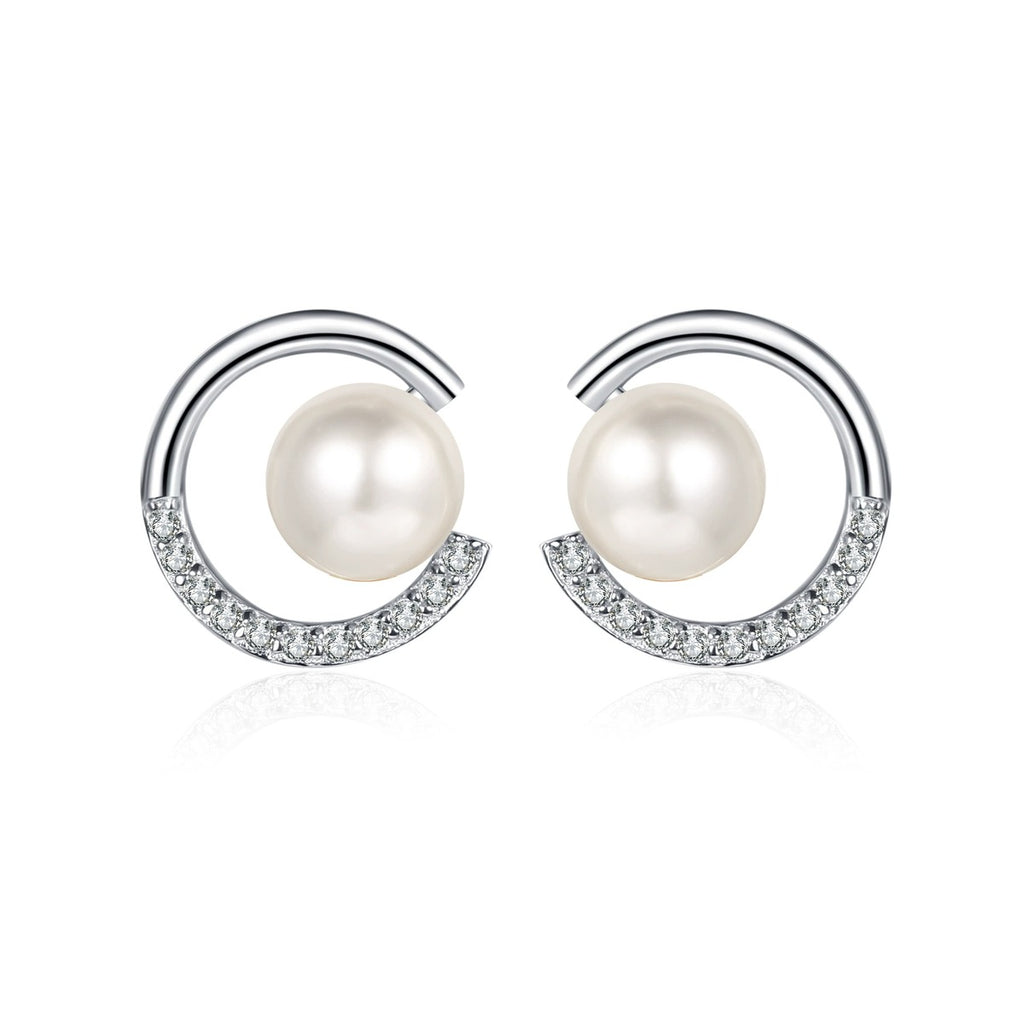 Crescent Pearl Moissanite Stud Earrings in Rhodium-Plated S925 sterling silver on white background showing the full pair, pearl and moissanite detail, and stud earrings silhouette