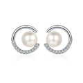 Crescent Pearl Moissanite Stud Earrings in Rhodium-Plated S925 sterling silver on white background showing the full pair, pearl and moissanite detail, and stud earrings silhouette