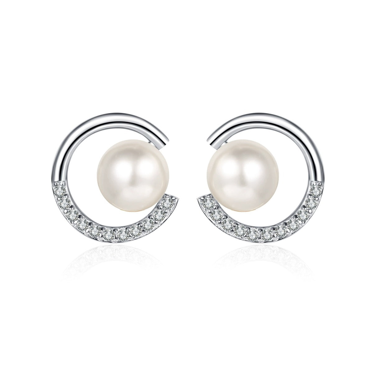 Crescent Pearl Moissanite Stud Earrings in Rhodium-Plated S925 sterling silver on white background showing the full pair, pearl and moissanite detail, and stud earrings silhouette