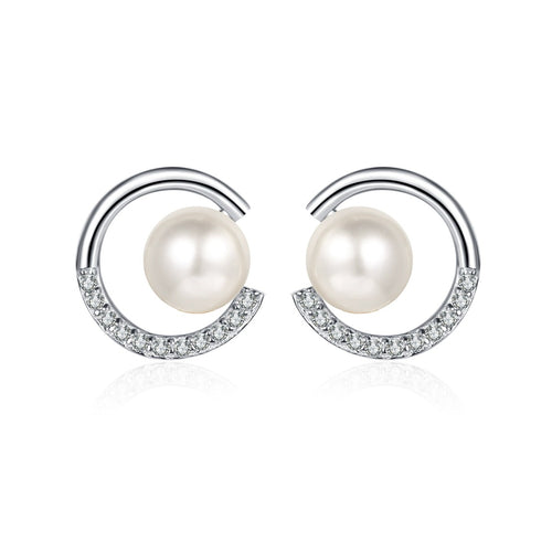 Crescent Pearl Moissanite Stud Earrings in Rhodium-Plated S925 sterling silver on white background showing the full pair, pearl and moissanite detail, and stud earrings silhouette