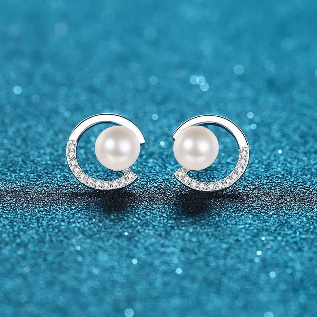 Crescent Pearl Moissanite Stud Earrings in Rhodium-Plated S925 sterling silver product scene view showing front detail