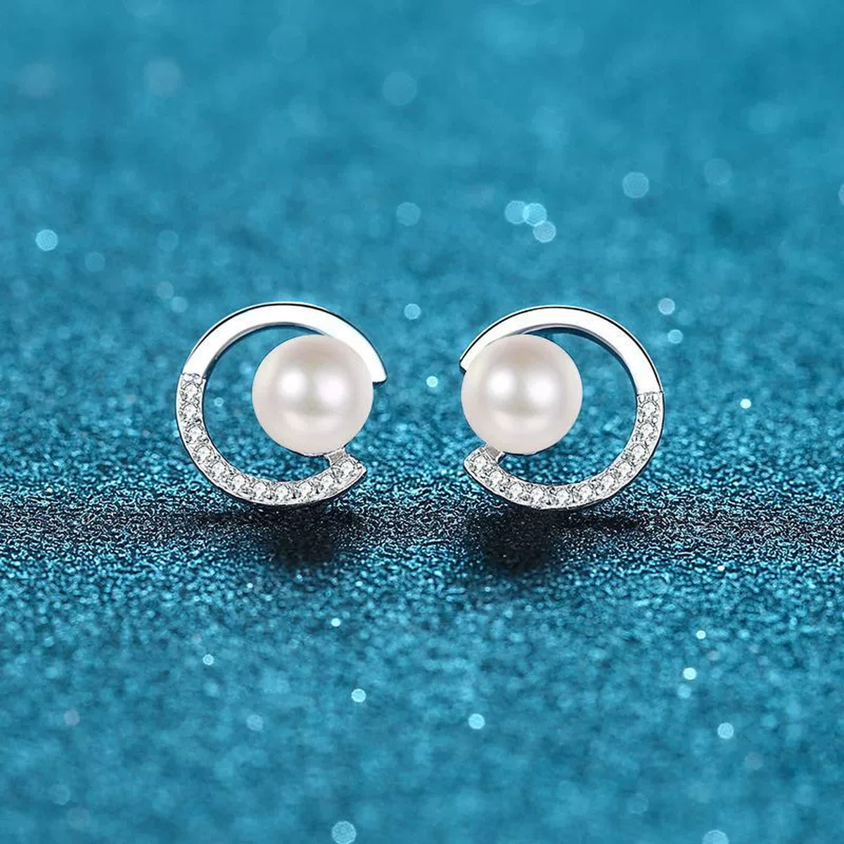 Crescent Pearl Moissanite Stud Earrings in Rhodium-Plated S925 sterling silver product scene view showing front detail