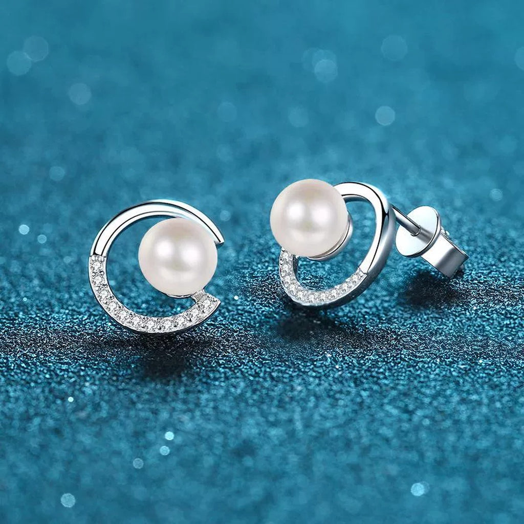 Crescent Pearl Moissanite Stud Earrings in Rhodium-Plated S925 sterling silver product scene view showing side profile