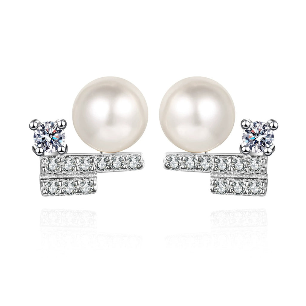 Pearl Bar Moissanite Stud Earrings in Rhodium-Plated S925 sterling silver on white background showing the full pair, pearl and moissanite detail, and stud earrings silhouette