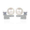 Pearl Bar Moissanite Stud Earrings in Rhodium-Plated S925 sterling silver on white background showing the full pair, pearl and moissanite detail, and stud earrings silhouette