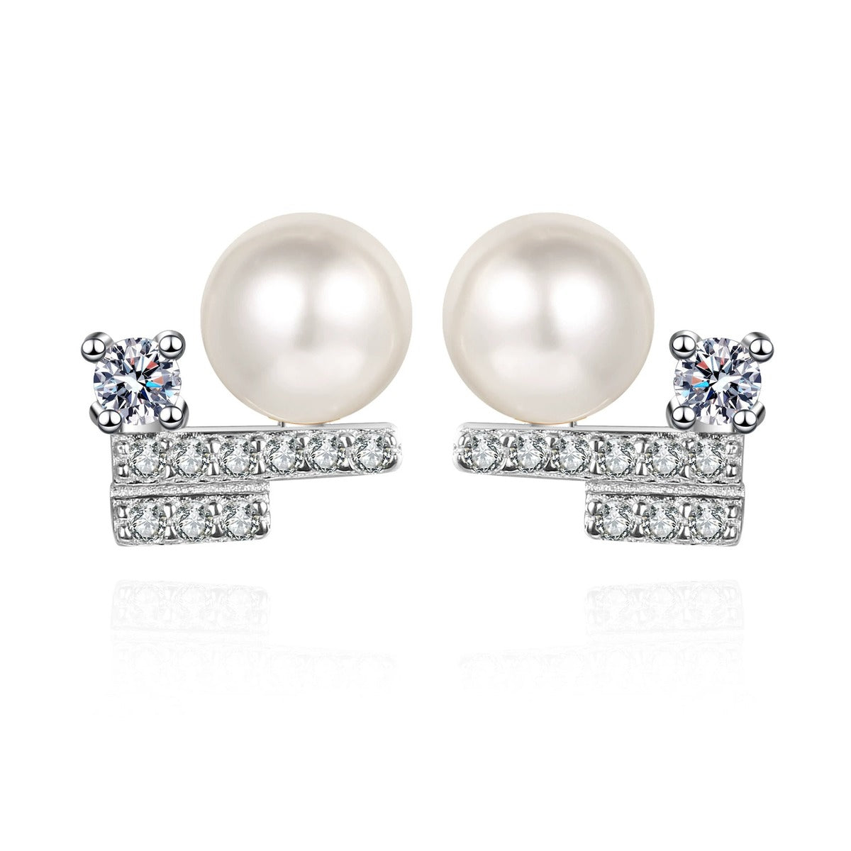 Pearl Bar Moissanite Stud Earrings in Rhodium-Plated S925 sterling silver on white background showing the full pair, pearl and moissanite detail, and stud earrings silhouette