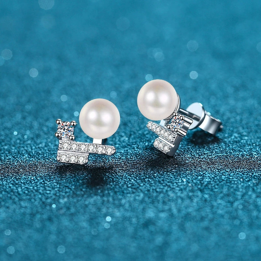 Pearl Bar Moissanite Stud Earrings in Rhodium-Plated S925 sterling silver product scene view showing front detail