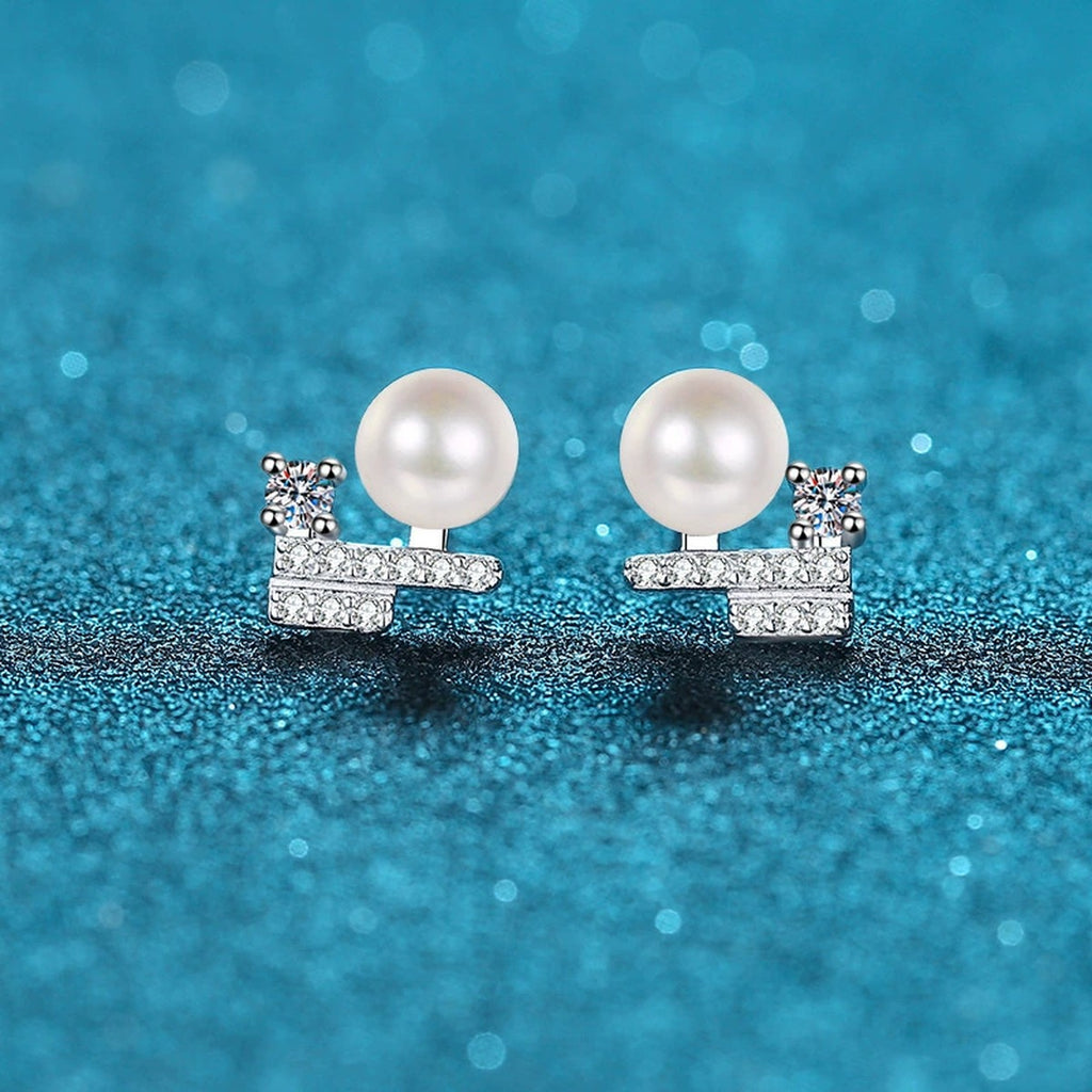 Pearl Bar Moissanite Stud Earrings in Rhodium-Plated S925 sterling silver product scene view showing angled setting detail
