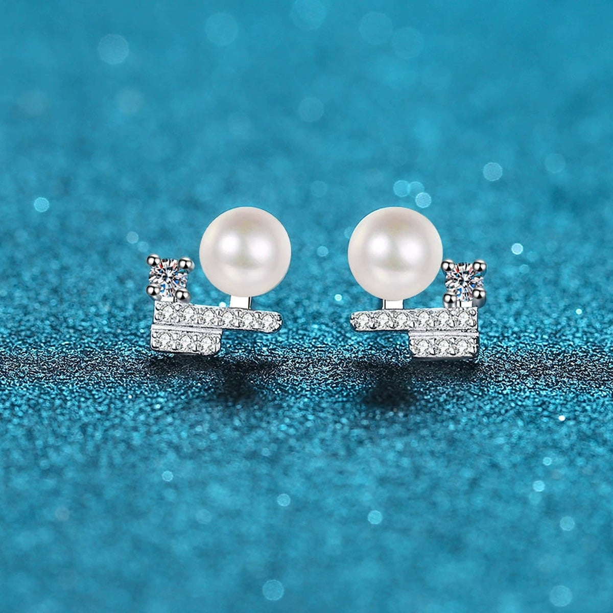 Pearl Bar Moissanite Stud Earrings in Rhodium-Plated S925 sterling silver product scene view showing angled setting detail