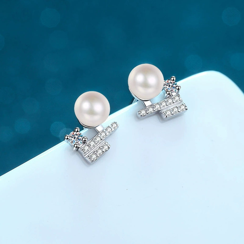 Pearl Bar Moissanite Stud Earrings in Rhodium-Plated S925 sterling silver product scene view showing side profile