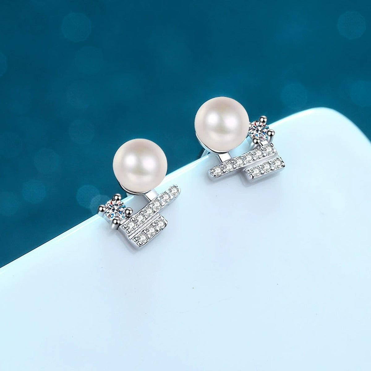 Pearl Bar Moissanite Stud Earrings in Rhodium-Plated S925 sterling silver product scene view showing side profile