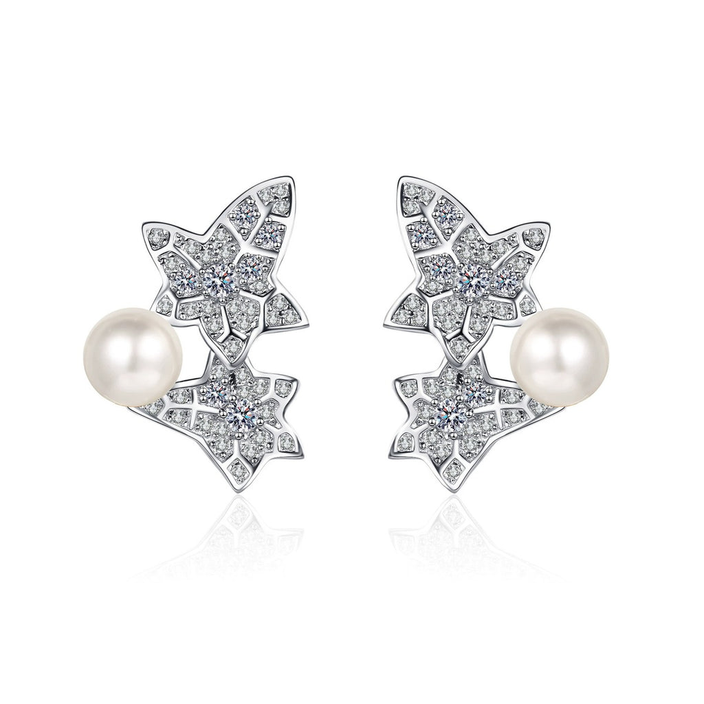 Leaf Pearl Moissanite Stud Earrings in Rhodium-Plated S925 sterling silver on white background showing the full pair, pearl and moissanite detail, and stud earrings silhouette