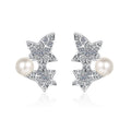 Leaf Pearl Moissanite Stud Earrings in Rhodium-Plated S925 sterling silver on white background showing the full pair, pearl and moissanite detail, and stud earrings silhouette