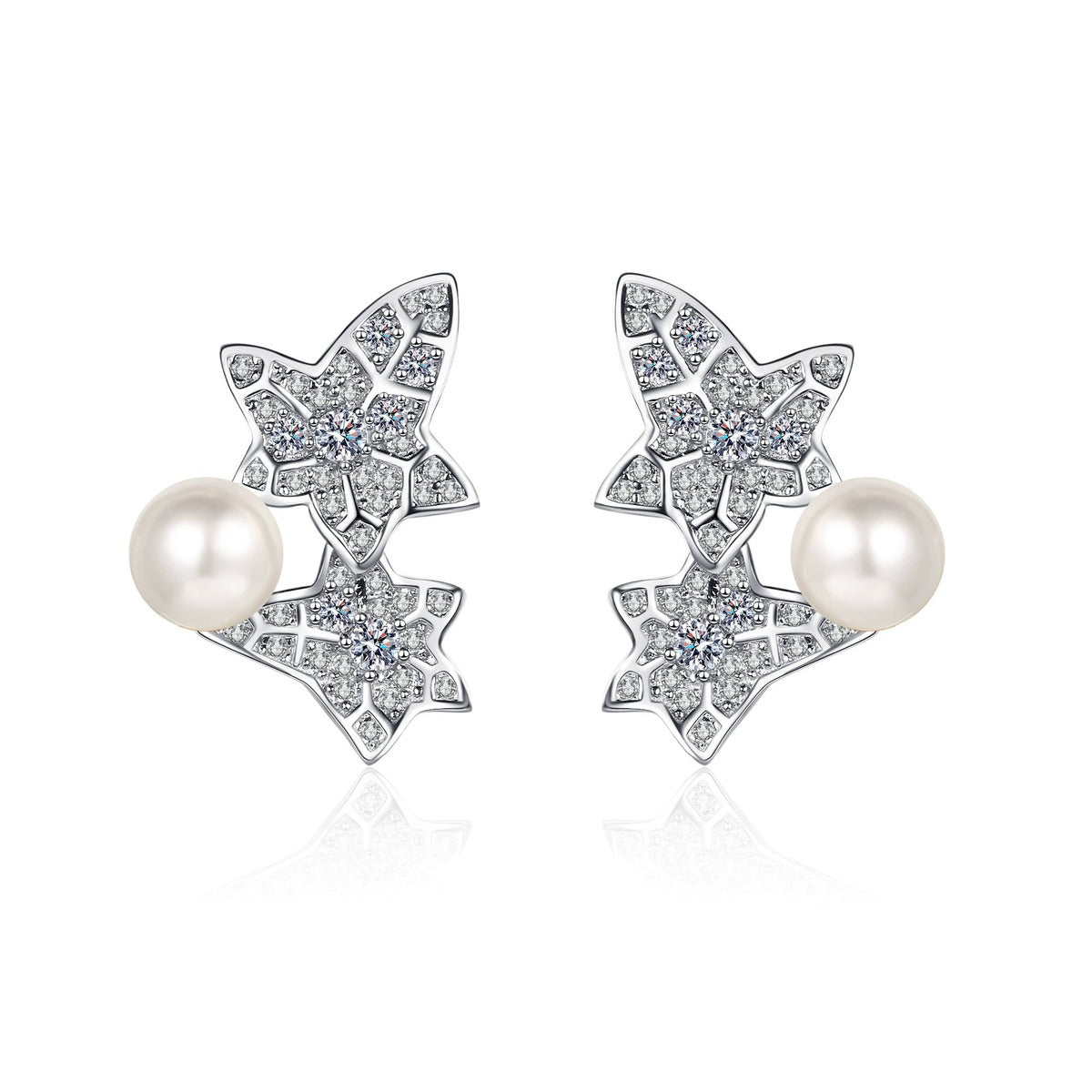 Leaf Pearl Moissanite Stud Earrings in Rhodium-Plated S925 sterling silver on white background showing the full pair, pearl and moissanite detail, and stud earrings silhouette
