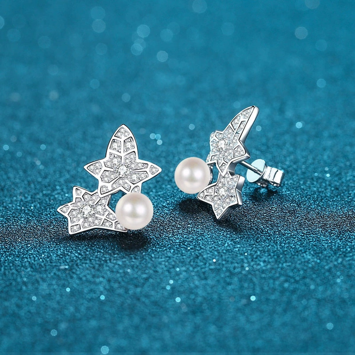 Leaf Pearl Moissanite Stud Earrings in Rhodium-Plated S925 sterling silver product scene view showing front detail