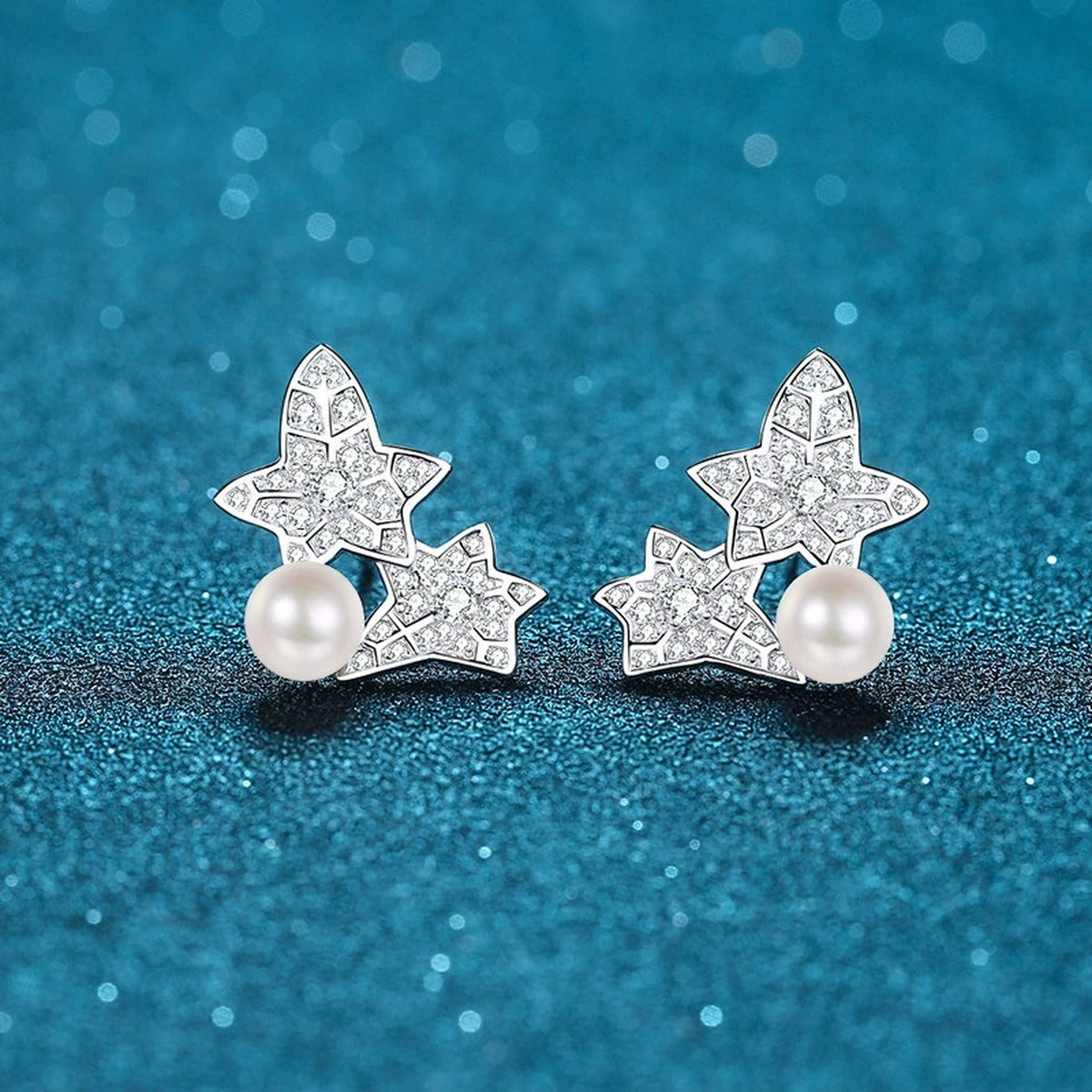 Leaf Pearl Moissanite Stud Earrings in Rhodium-Plated S925 sterling silver product scene view showing side profile