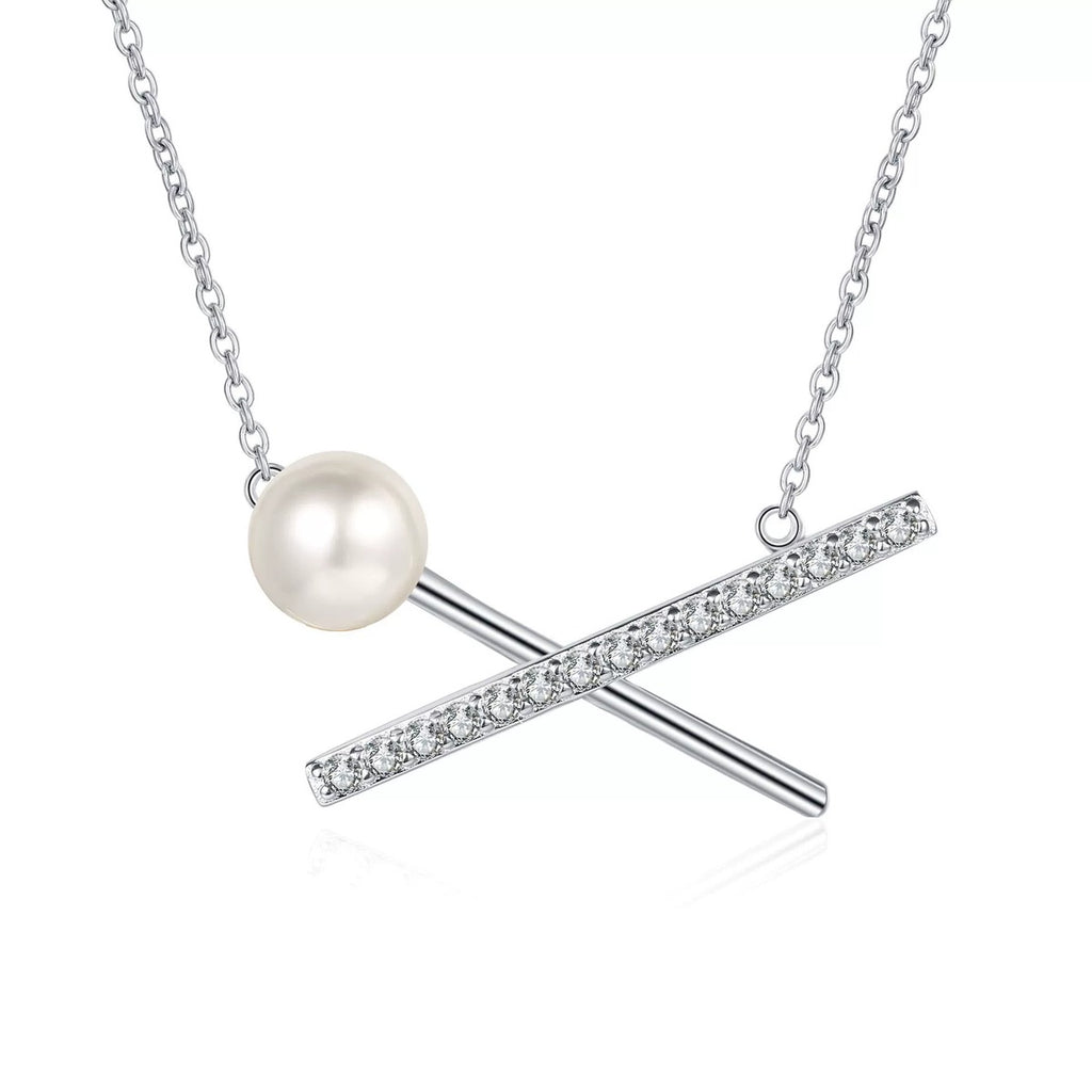 X Motif Moissanite Pearl Pendant Necklace in Rhodium-Plated S925 sterling silver white background product photo showing x-shaped pearl pendant with small round moissanite accents