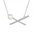 X Motif Moissanite Pearl Pendant Necklace in Rhodium-Plated S925 sterling silver white background product photo showing x-shaped pearl pendant with small round moissanite accents